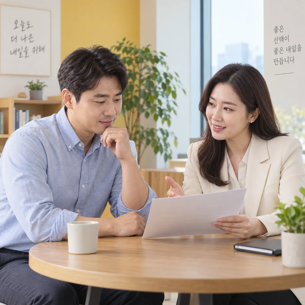 안내 자료를 함께 읽는 두 사람
