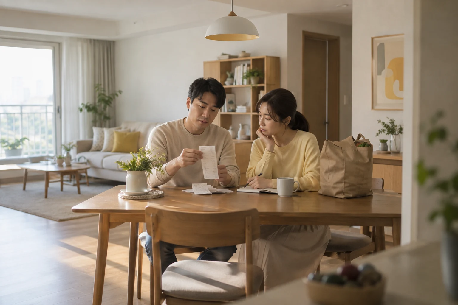 집에서 생활비 계획을 함께 살펴보는 두 사람